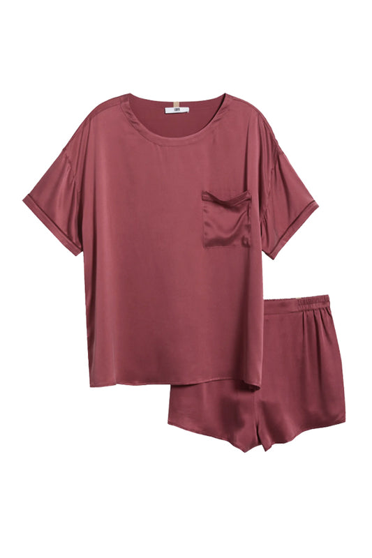 Washable Silk Piped Tee Short Set